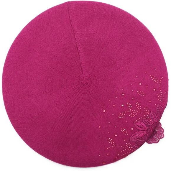 Womens French Beret hat Flower Medium Violet Red - Picture 4 of 6